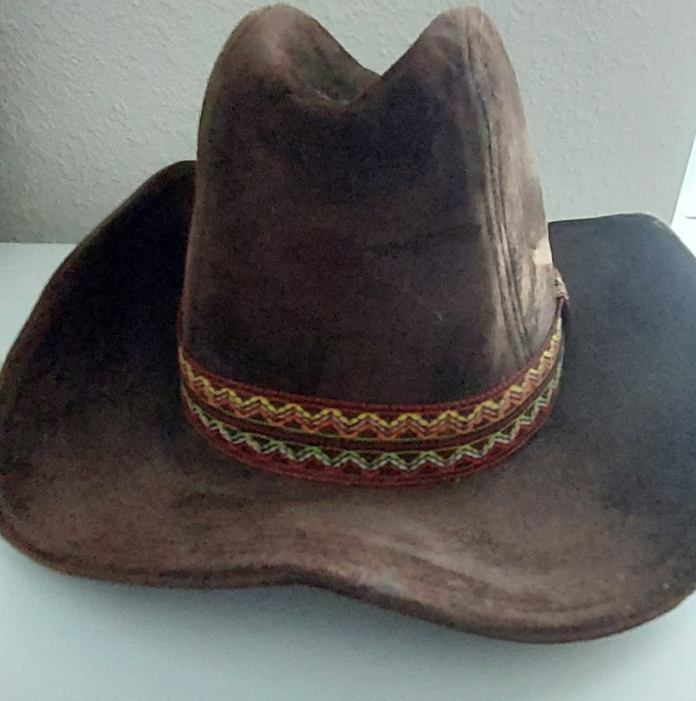 Brown YA Cowboy Western Ranch Hat Mens L  7-7 1/8 Faux Suede Zig Zag Band Korea